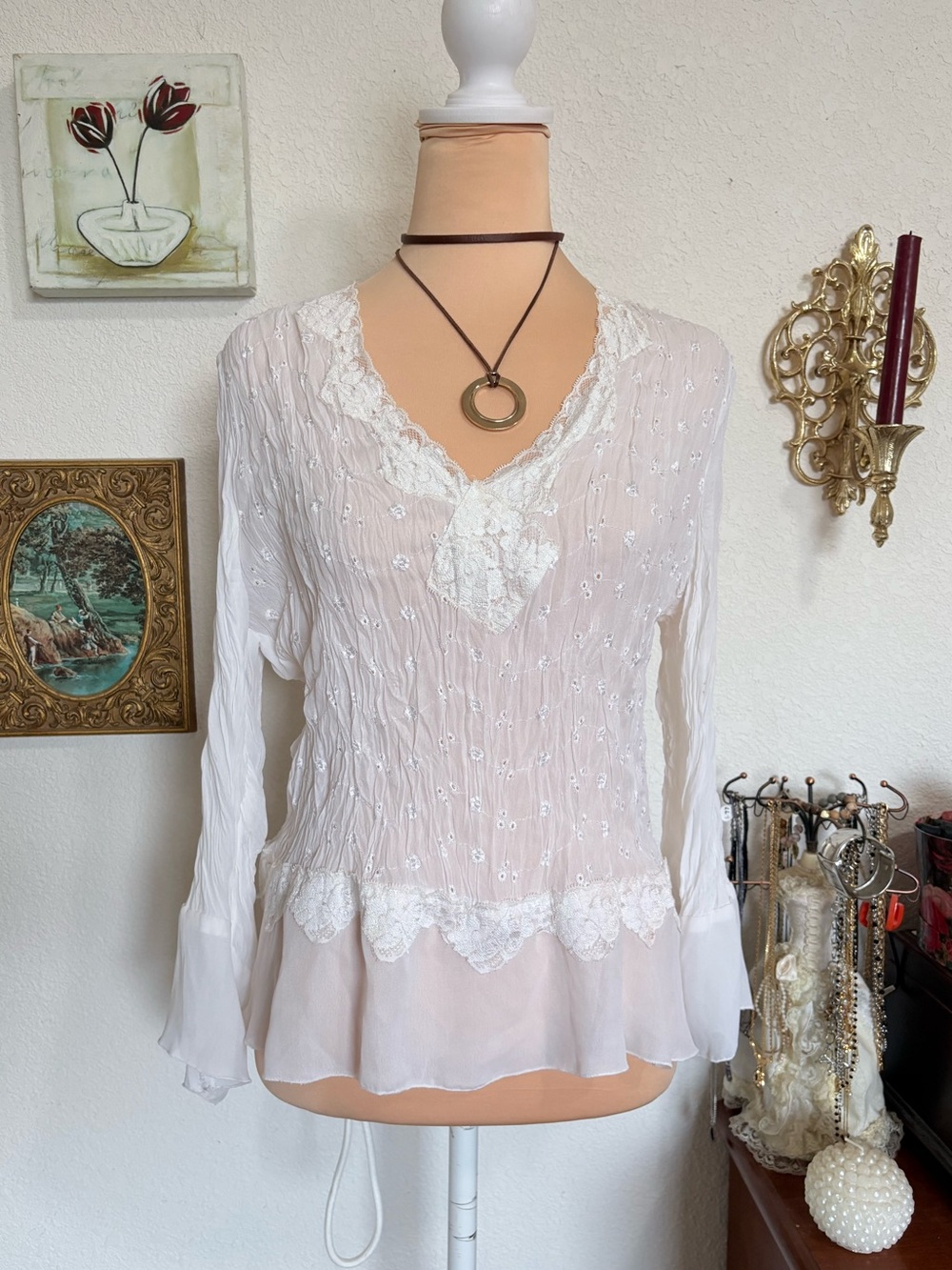 Y2K Allison Taylor Long Sleeve Crinkle Boho Blouse with Lace Trim